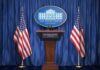 Nobel Twist: Trump’s ‘Eight Wars’ Unravel White House press podium with microphones and two American flags