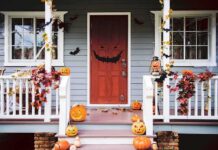 Halloween Madness: Knicks Play Haunts Suburb front porch decorated for Halloween with pumpkins and bats
