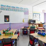 Elementary classroom with arranged desks and colorful supplies