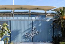Dodger Stadium exterior with blue corrugated wall and palm trees