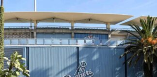 Dodger Stadium exterior with blue corrugated wall and palm trees