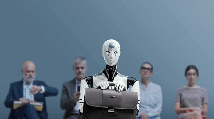 shutterstock_2268772859-1 Jan-Peter Nikiferow seated with a humanoid robot holding a briefcase in front